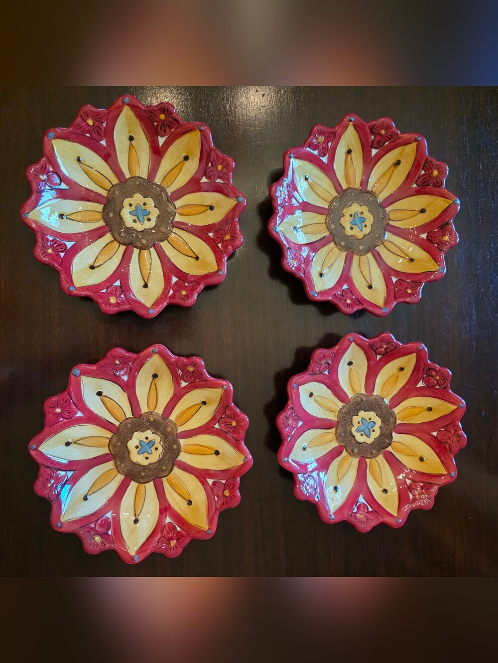 Pier 1 Hand-Painted Floral Ceramic Appetizer Plates - Red & Yellow (Set of 4)